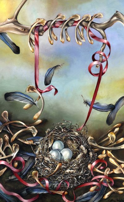 24.006 - feather - wish bone - nest - cathy weber - artist - oil painting - objects - biological objects - ribbon - eggs - branch