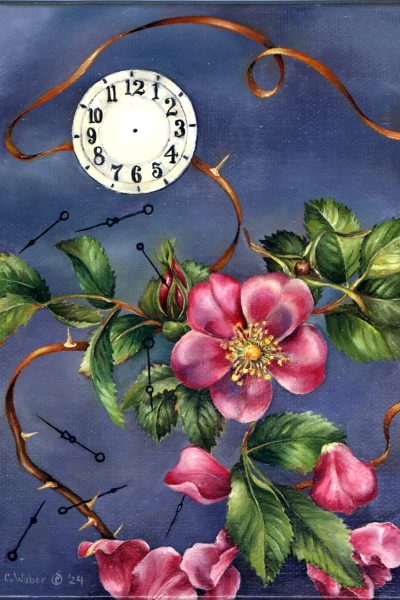 cathy weber - art - painting - woman - oil - montana - oil - object - wildflower - clock - thorn - botanical