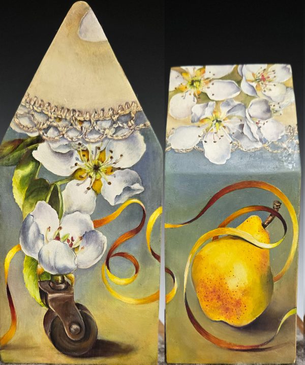 cathy weber - art - painting - woman -house - book art - artist book - botanical - montana - oil painting - pear - wheel - blossom - stitch