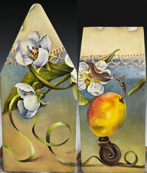 cathy weber - art - painting - woman -house - book art - artist book - botanical - montana - oil painting - pear - wheel - blossom - stitch
