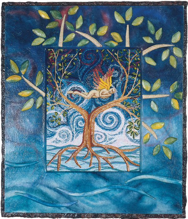 cathy weber - art - painting - woman - watercolor -illumination- montana - painting - parchment - skin - gertrude stein - grief - heart - tree - blood - embroidery