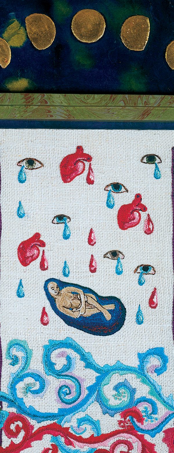 cathy weber - art - painting - woman - watercolor -illumination- montana - painting - parchment - skin - gertrude stein - grief - heart - tree - blood - embroidery