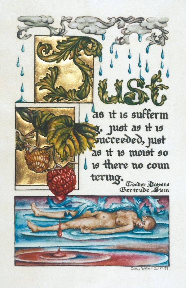 cathy weber - art - painting - woman - watercolor -illumination- montana - painting - parchment - skin - versal - gertrude stein - grief - heart - blood