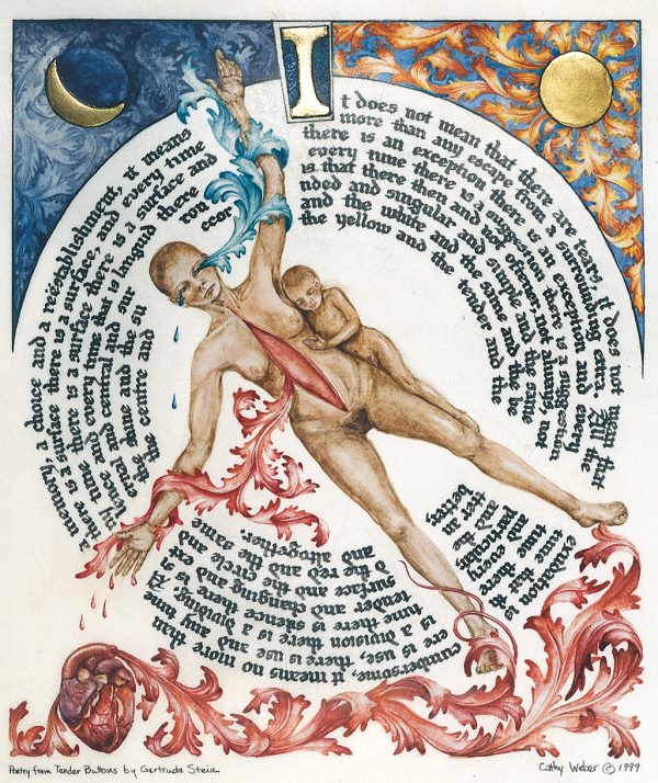 cathy weber - art - painting - woman - watercolor -illumination- montana - painting - parchment - skin - versal - gertrude stein - grief - heart - blood