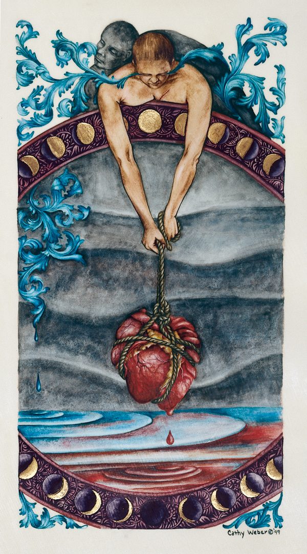 cathy weber - art - painting - woman - watercolor -illumination- montana - painting - parchment - skin - grief - heart - blood